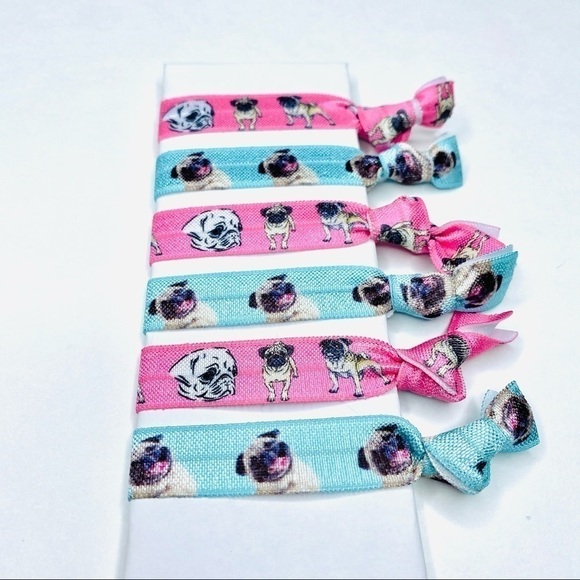 𝅺2/$10 Pink Blue Pug Puppy Hair Tie Elastics - Picture 3 of 5